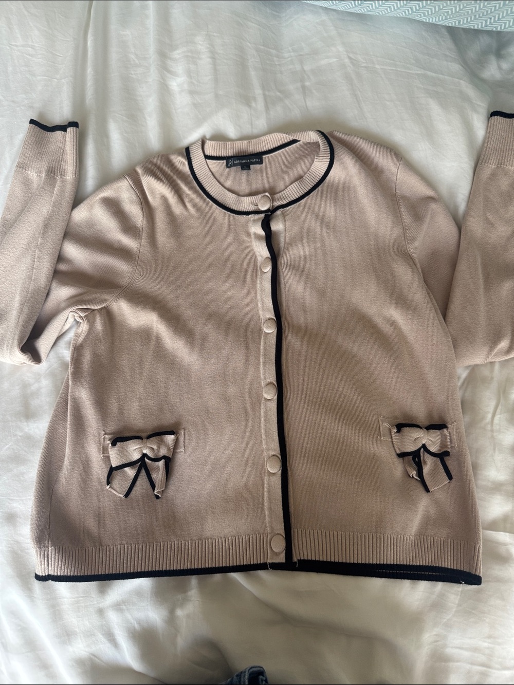 Adrianna Papell Blush Cardigan with Black Contrast Trim and Bow Pockets